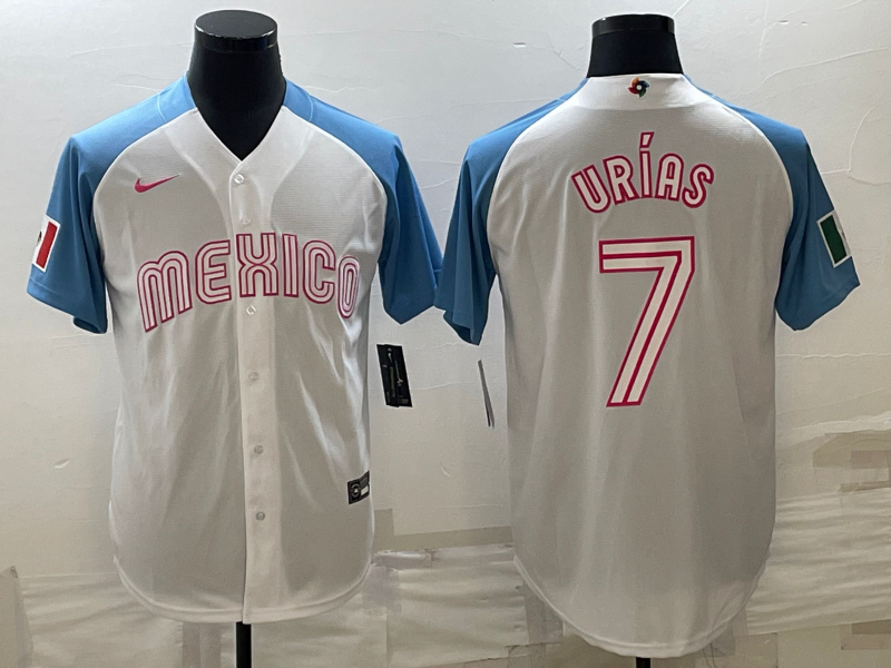 Men's Mexico Baseball #7 Julio Ur??as 2023 White Blue World Baseball Classic Stitched Jersey